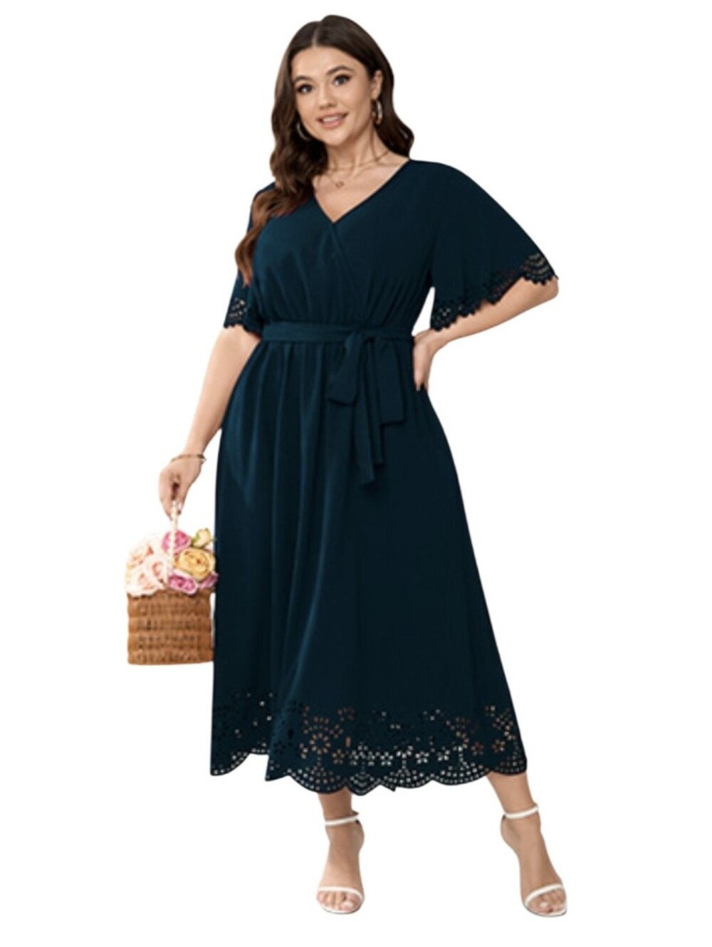 #B73 Plus-Size Teal V-Neck Midi Dress with Tie Waist